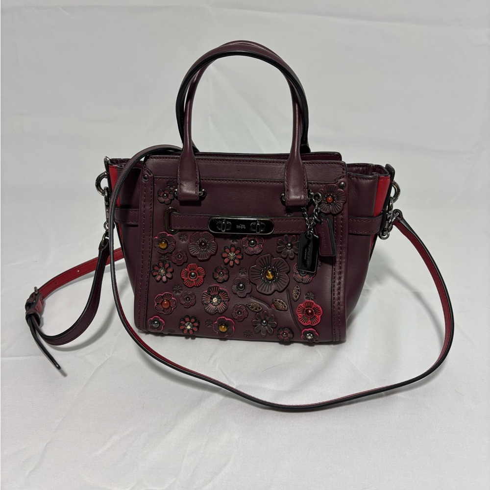 Coach Burgundy Satchel with Floral Accents